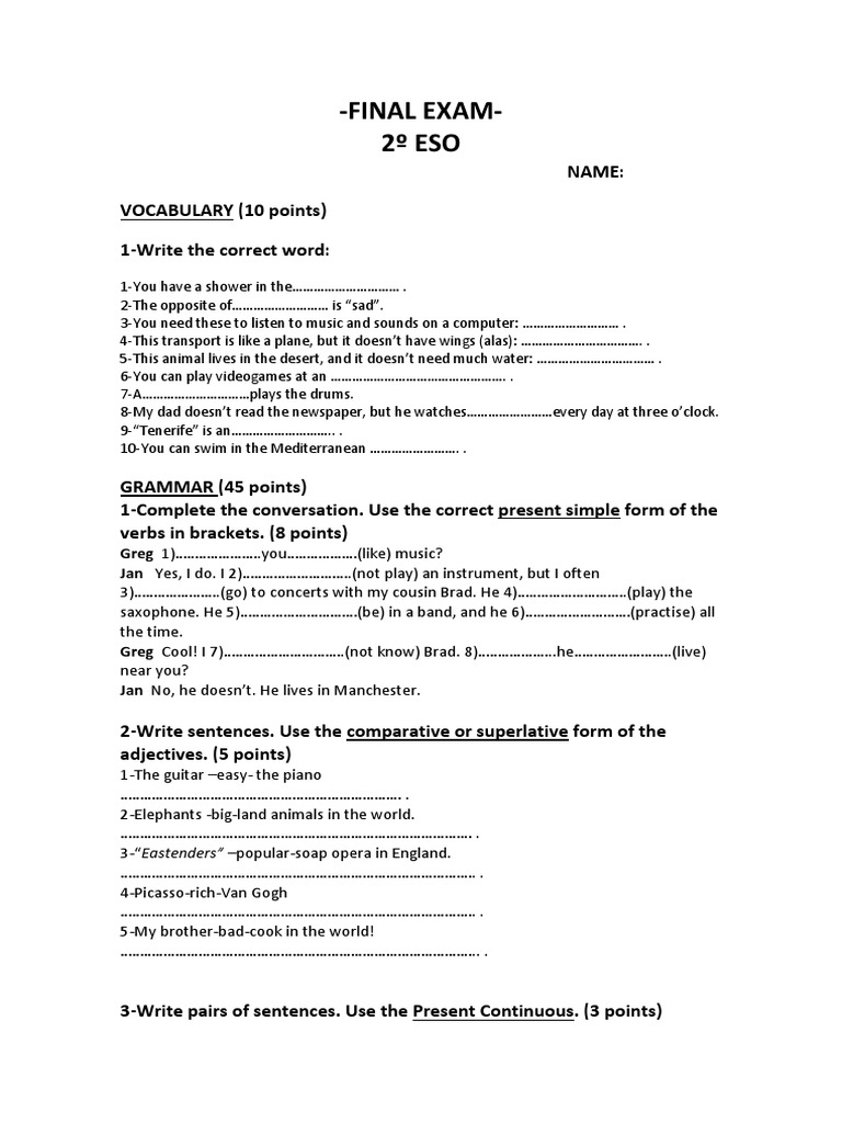 Final Exam English 2º Eso PDF Linguistics Grammar