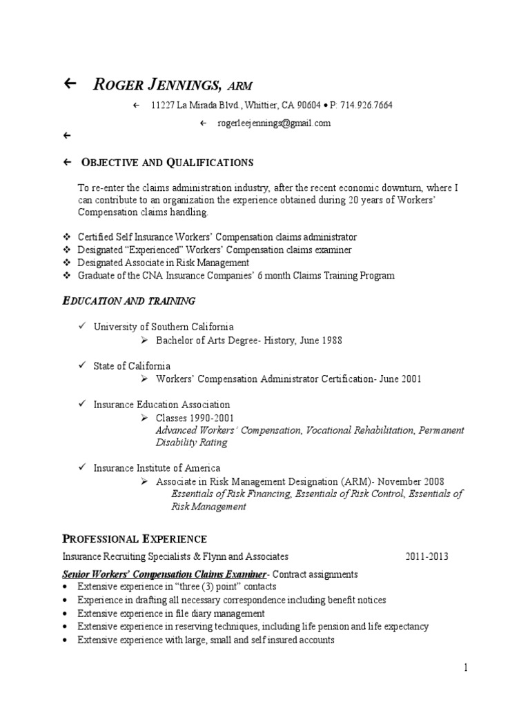 Workers' Compensation Claims Expert Resume | PDF | Labour | Business