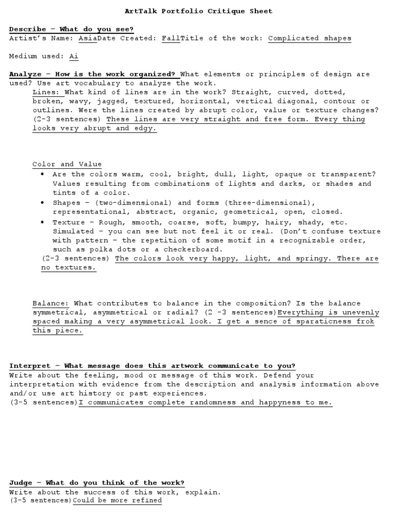 Arttalk Portfolio Critique Sheet-Fillable 11 | PDF | Language Arts ...