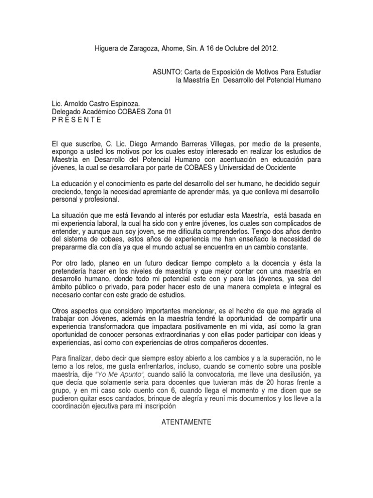 Carta De Exposicion De Motivos Para Maestria En Educacion  Compartir Carta
