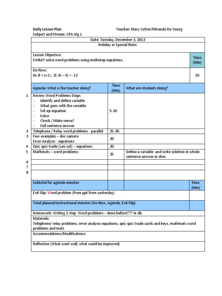 Daily Lesson Plan: Multistep Equations | PDF | Teaching Methods & Materials