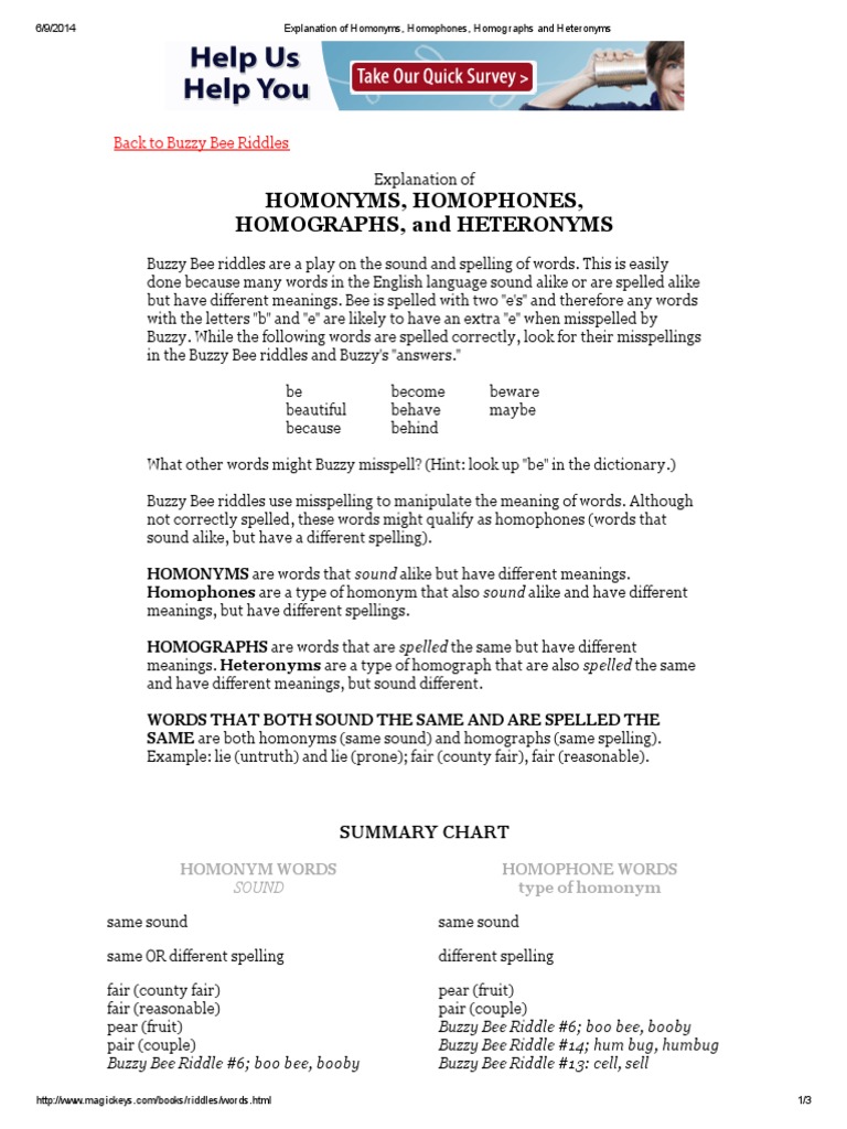 Explanation of Homonyms, Homophones, Homographs and Heteronyms | PDF ...