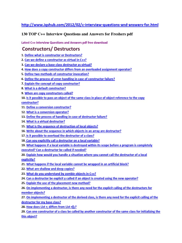 C++ Interview Questions and Answers For Freshers PDF PDF