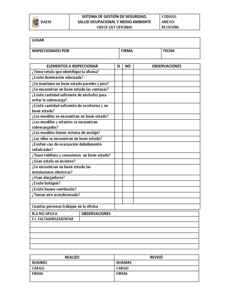 Check List Oficinas Ingenier a De Edificaci n Tecnolog a E Ingenier a