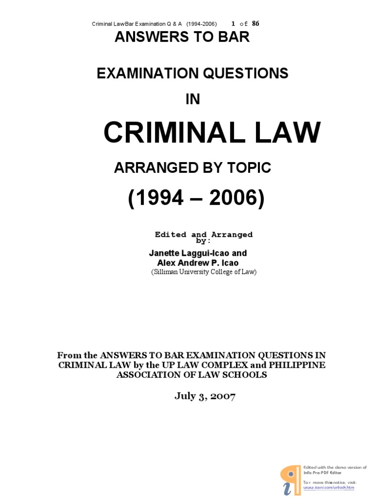 Answers To Bar Examination Questions in Criminal Law PDF Murder