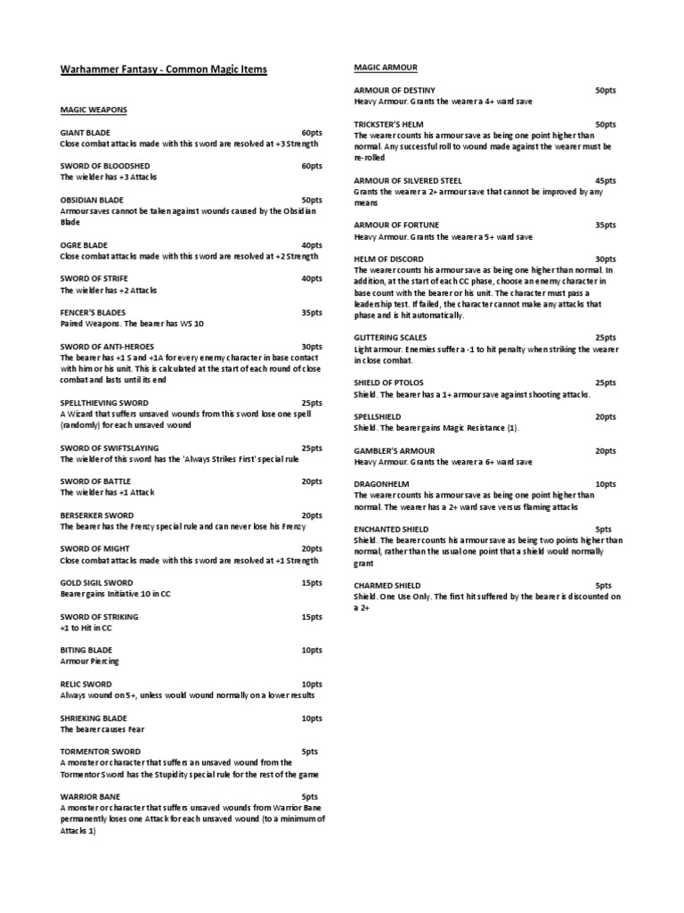 Warhammer Fantasy Magic Items Guide | PDF | Sword | Amulet