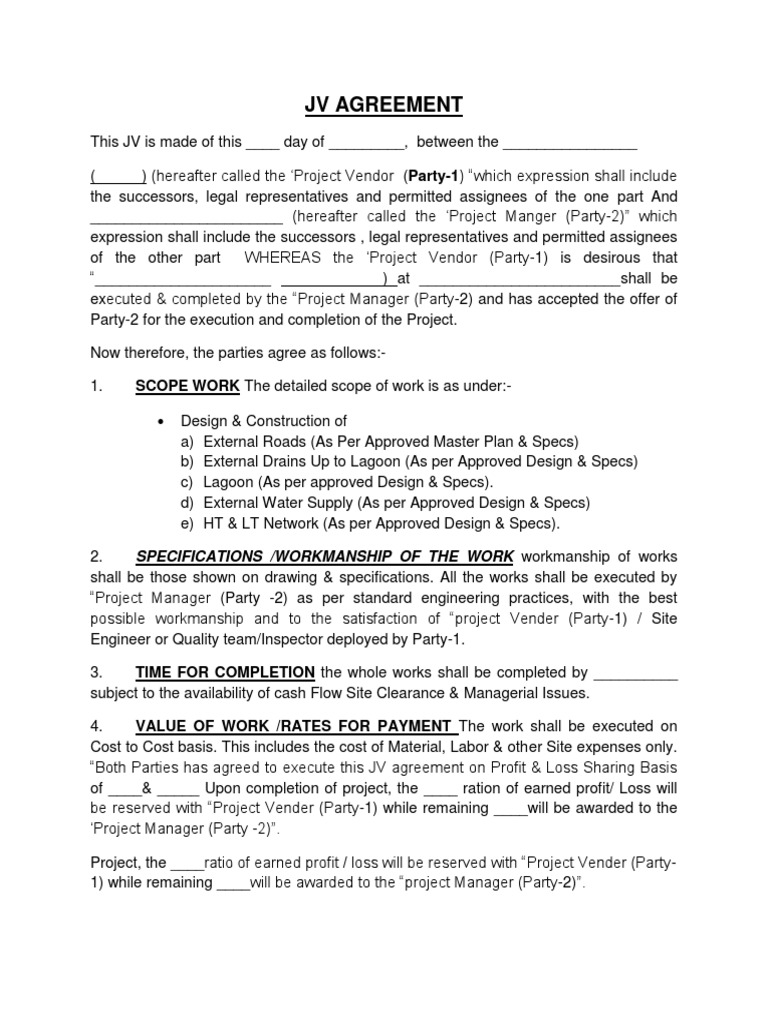 Jv Agreement (Sample) Joint Venture Specification (Technical