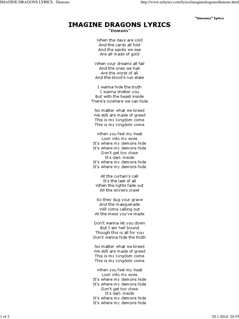 Imagine Dragons Lyrics - Demons | Mythology