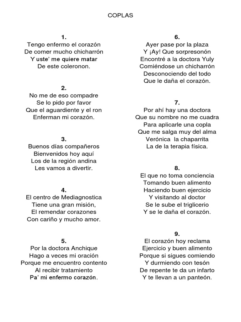 Coplas Andinas sobre Salud y Hospitalidad | PDF | Salud y bienestar