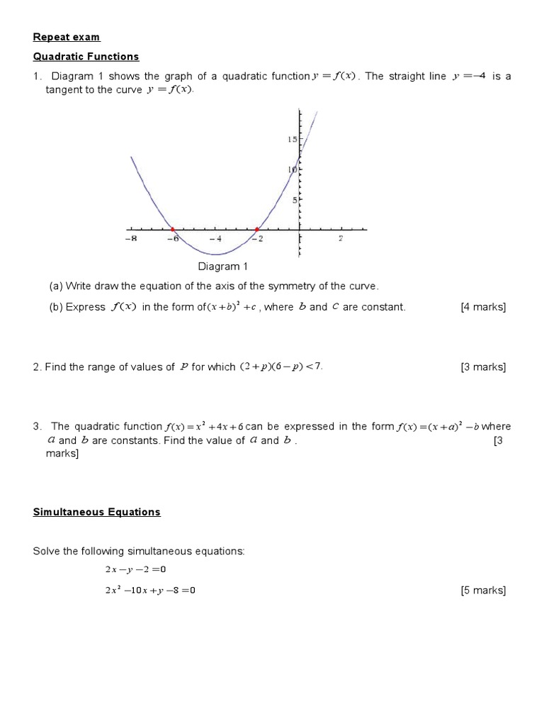 Repeat Exam Quadratic Functions: F y F y | PDF