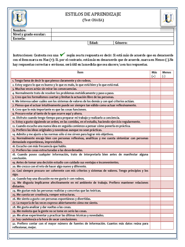 Test CHAEA: Estilos de Aprendizaje | PDF | Intuición | Science