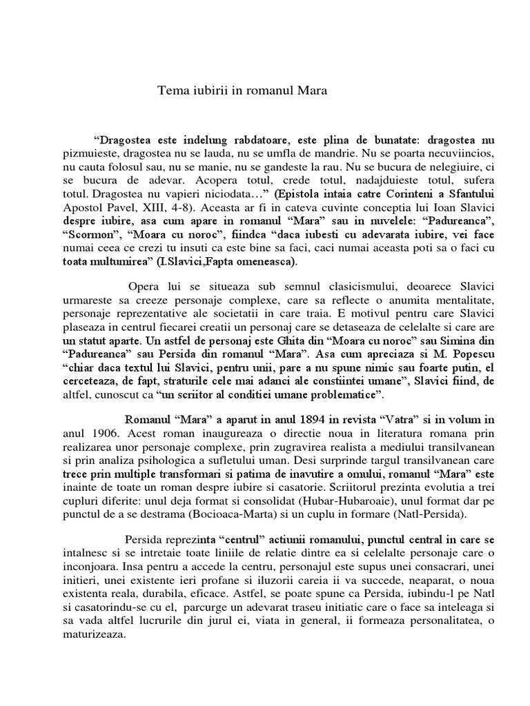 Tema Iubirii in Romanul Mara | PDF