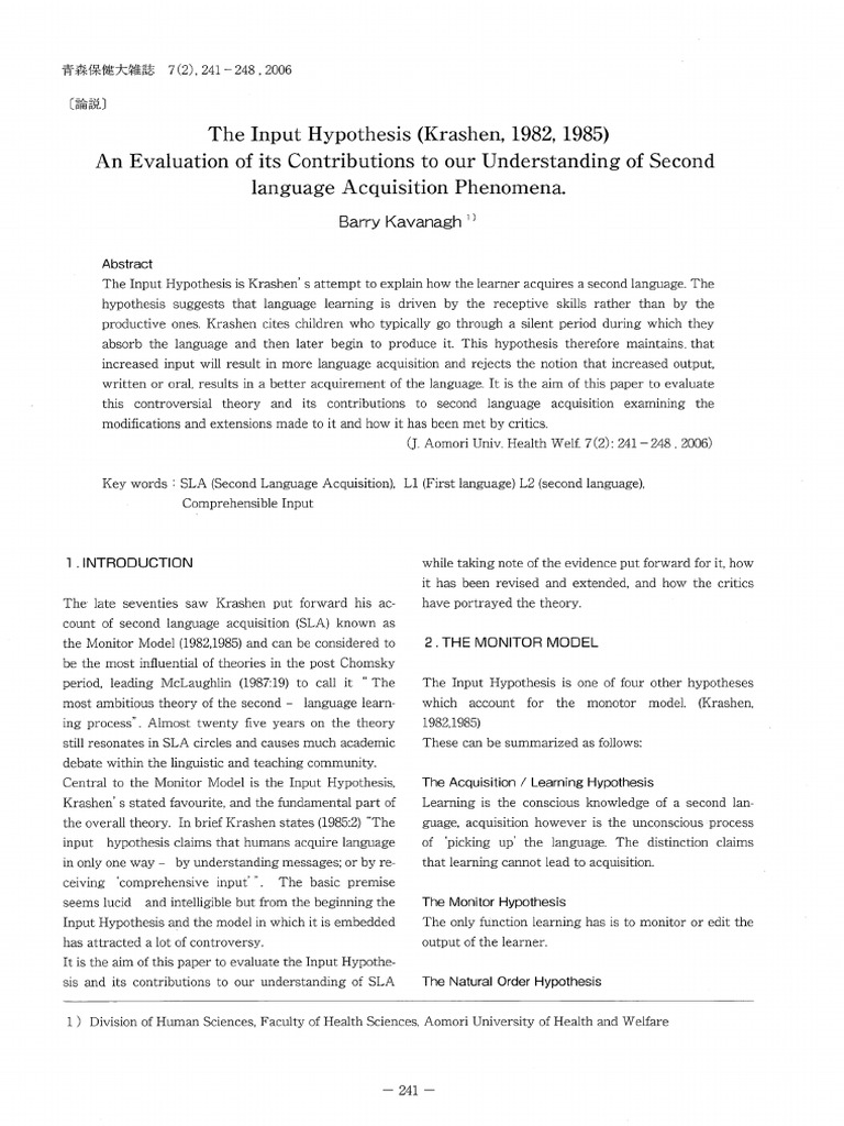 The Input Hypothesis KRASHEN Adquisición de segundo idioma Segundo