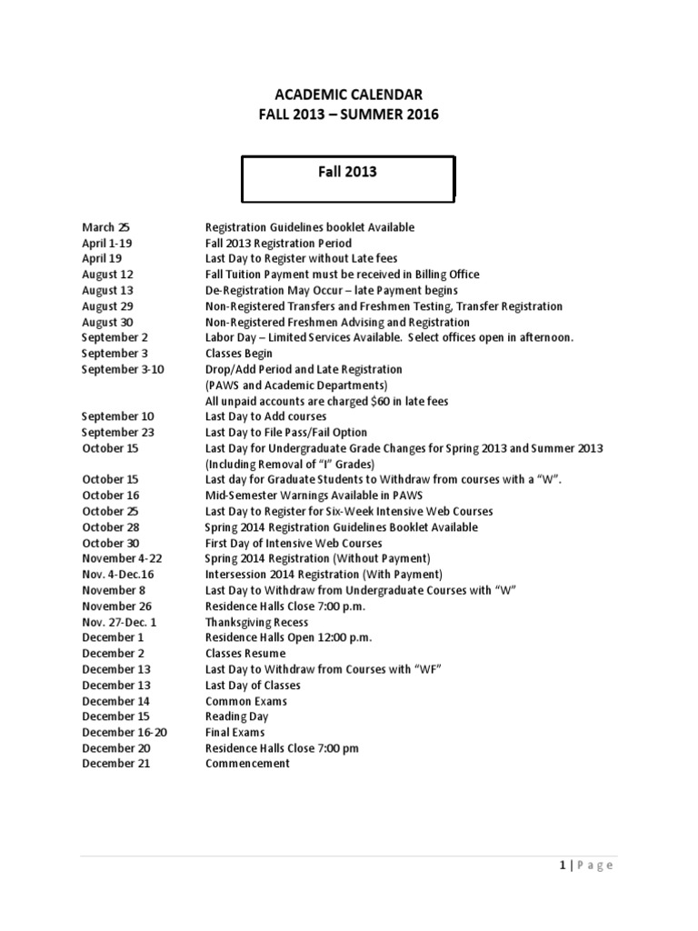 Academic Calendar Fall 2013 Summer 2016 Fall 2013 PDF