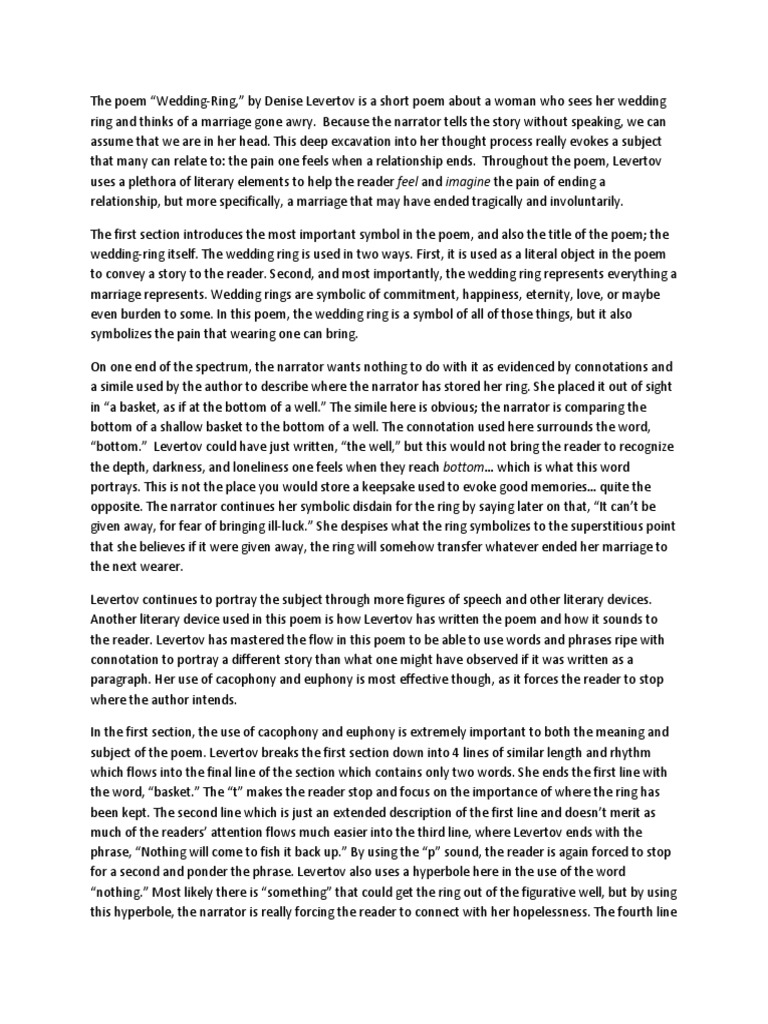 Complete Analysis Of The Poem Wedding Ring By Denise Levetov