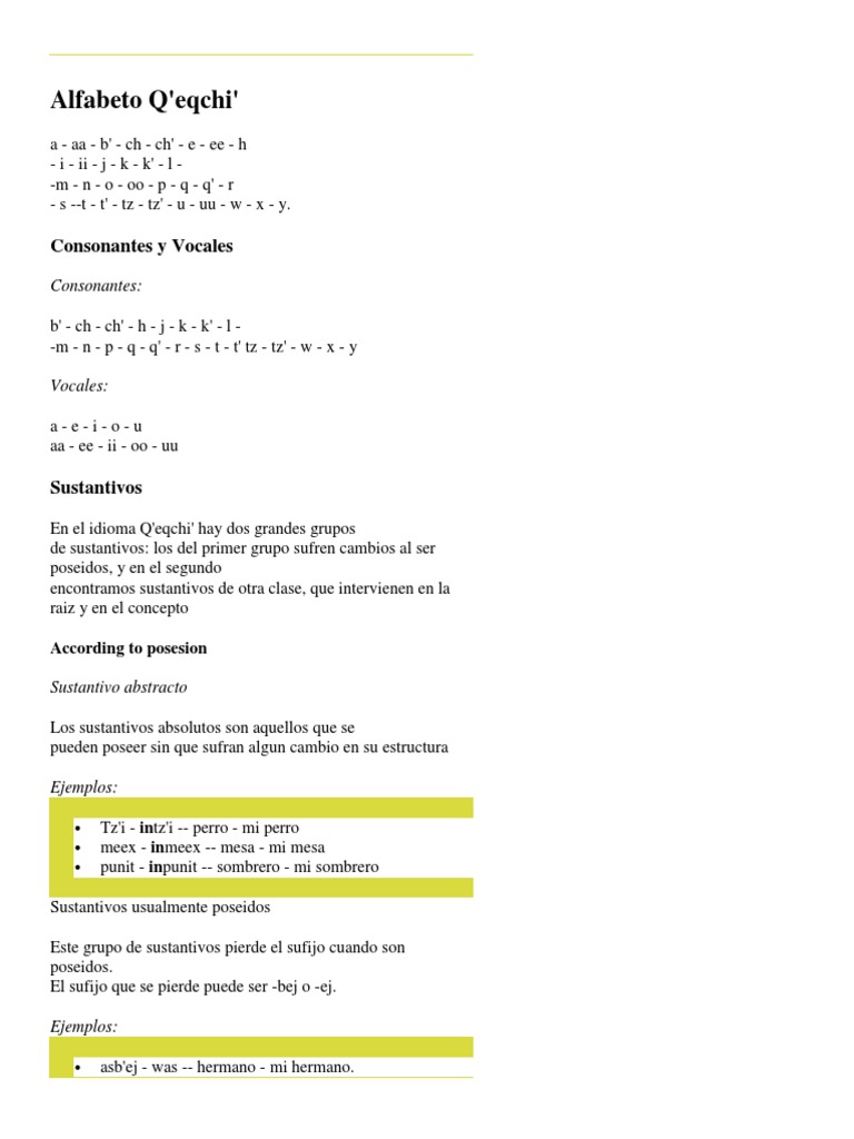 Alfabeto Q'eqchi' Consonantes y Vocales Plural Verbo