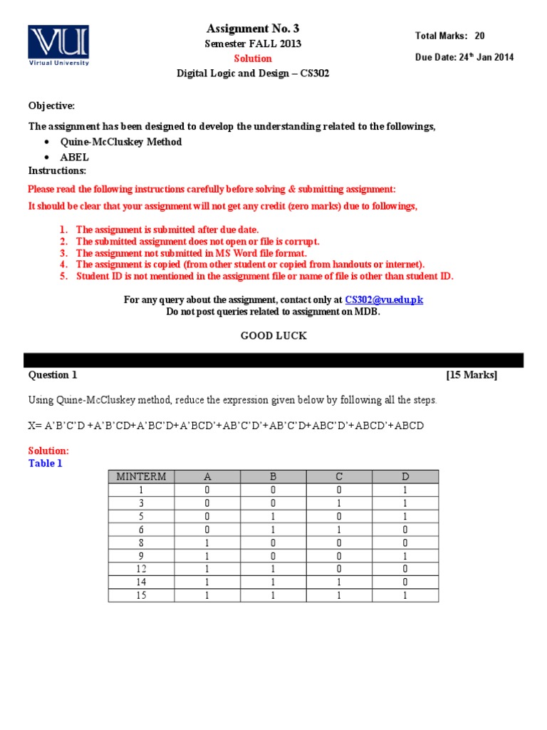 CS302 Digital Logic Assignment Solutions | PDF