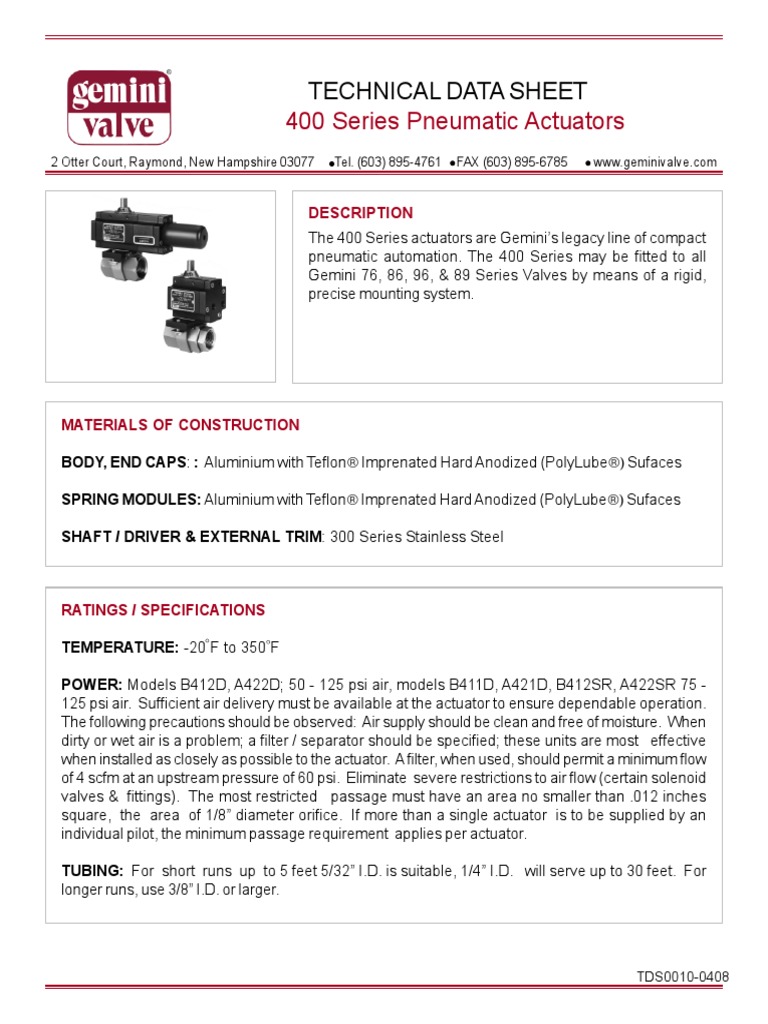 TDS010 - 400 Series Pneumatic Actuators Technical Data | PDF | Valve ...