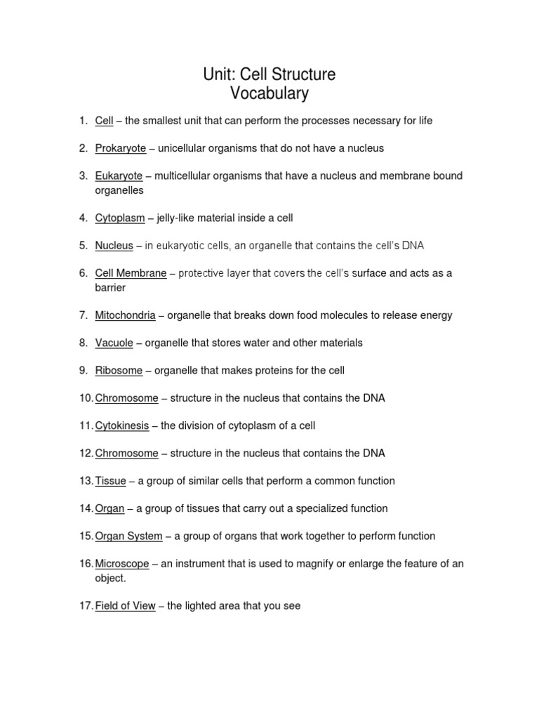 Cell Structure Vocabulary Guide | PDF
