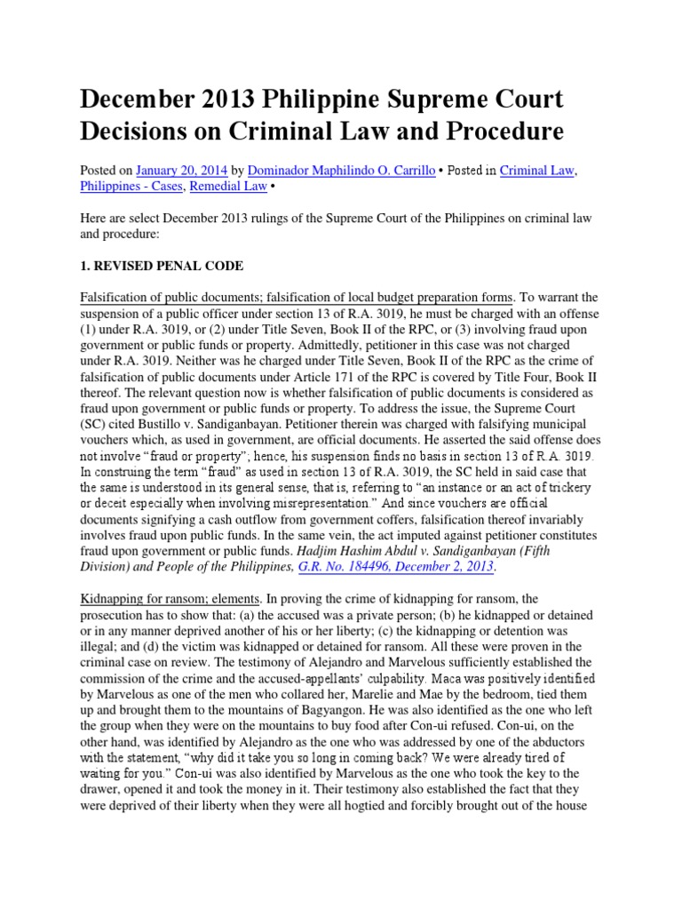 December 2013 Philippine Supreme Court Decisions on Criminal Law and