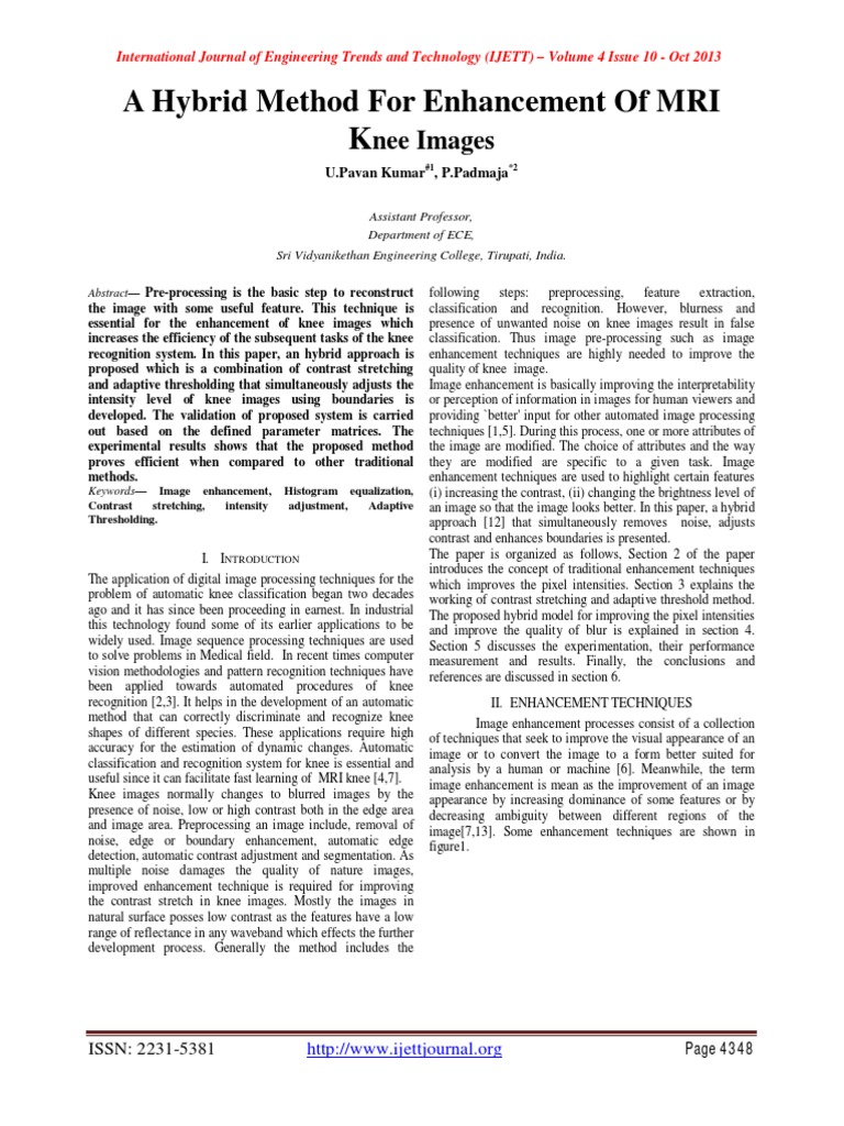 A Hybrid Method For Enhancement of MRI Knee Images | PDF | Image ...