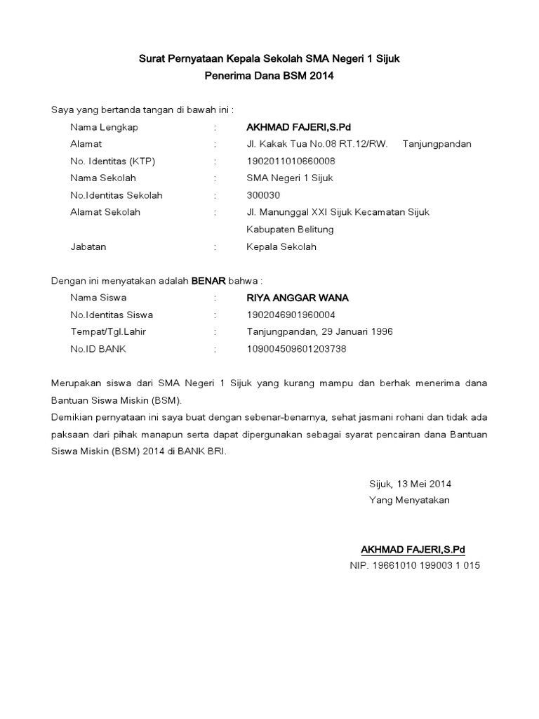 Surat Pernyataan Kepala Sekolah Sma Negeri 1 Sijuk