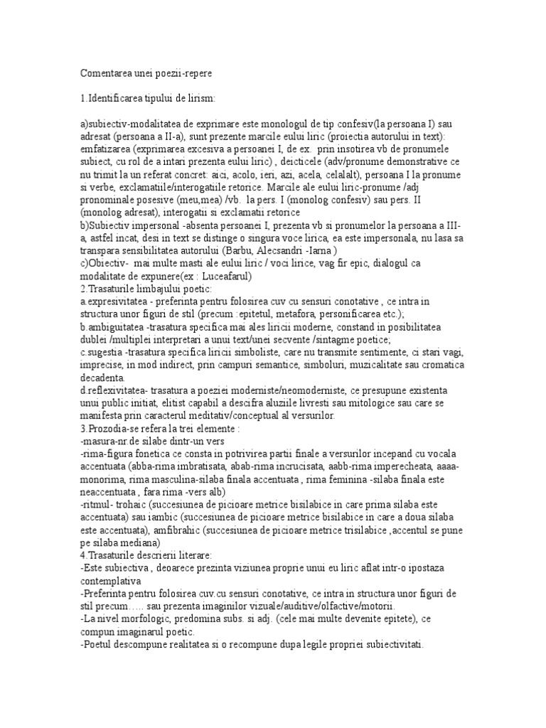Comentarea Unei Poezii Repere