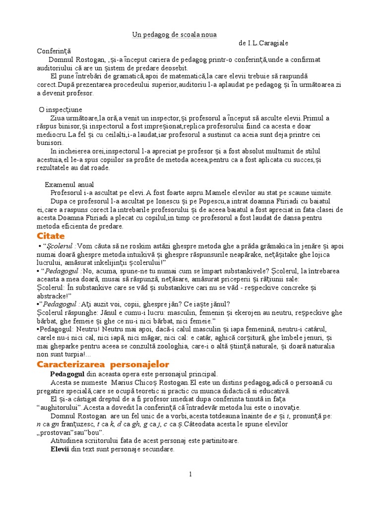 Rezumat Un Pedagog De Scoala Noua Un Pedagog de Scoala Noua Ion Luca Caragiale | PDF