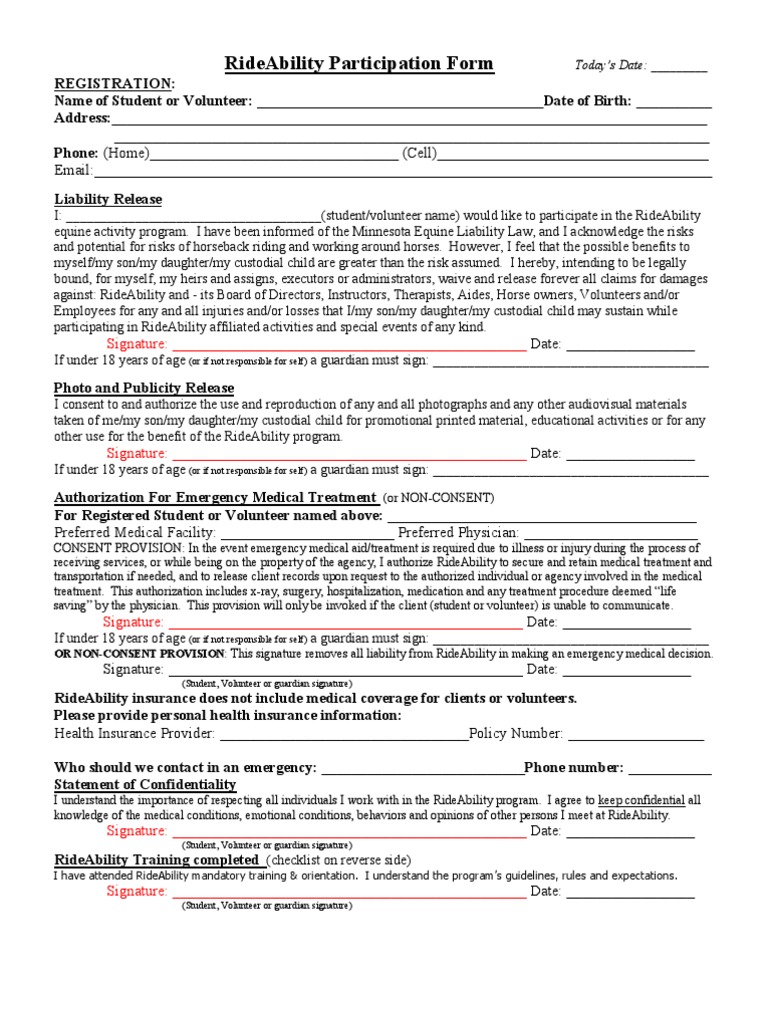 RideAbility Participation & Liability Form | PDF