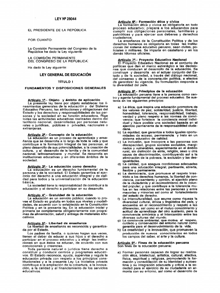 Ley 28044 Ley General de Educacion de Peru | PDF