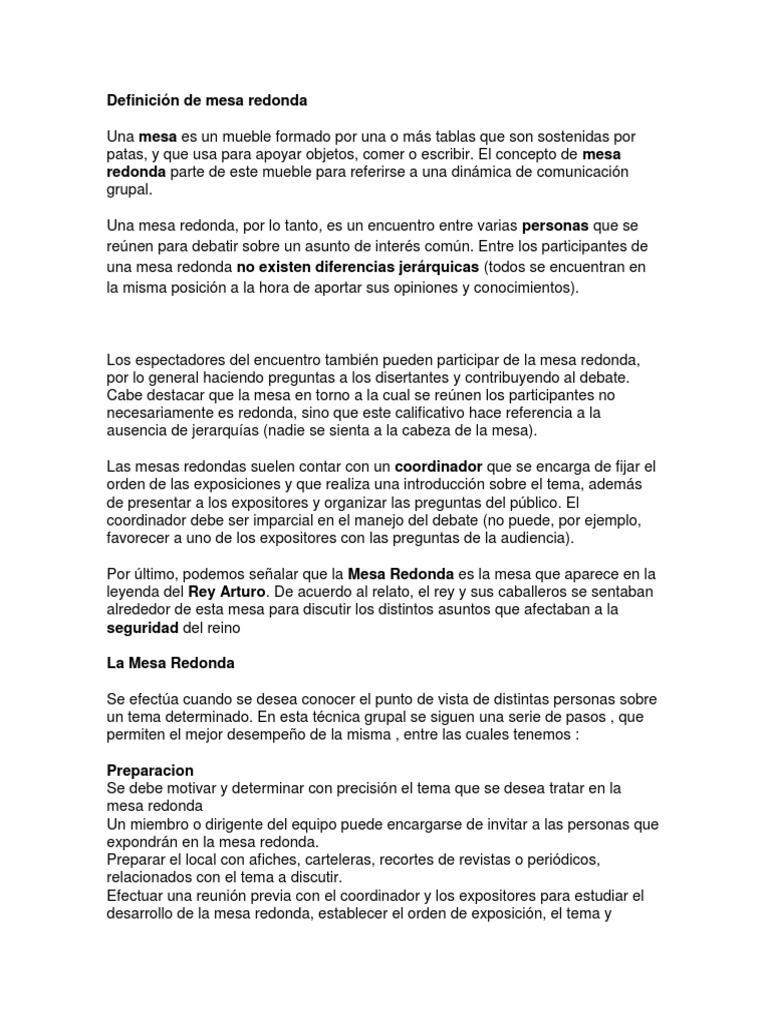 Definición de Mesa Redonda Mesa redonda Ciencia (General)
