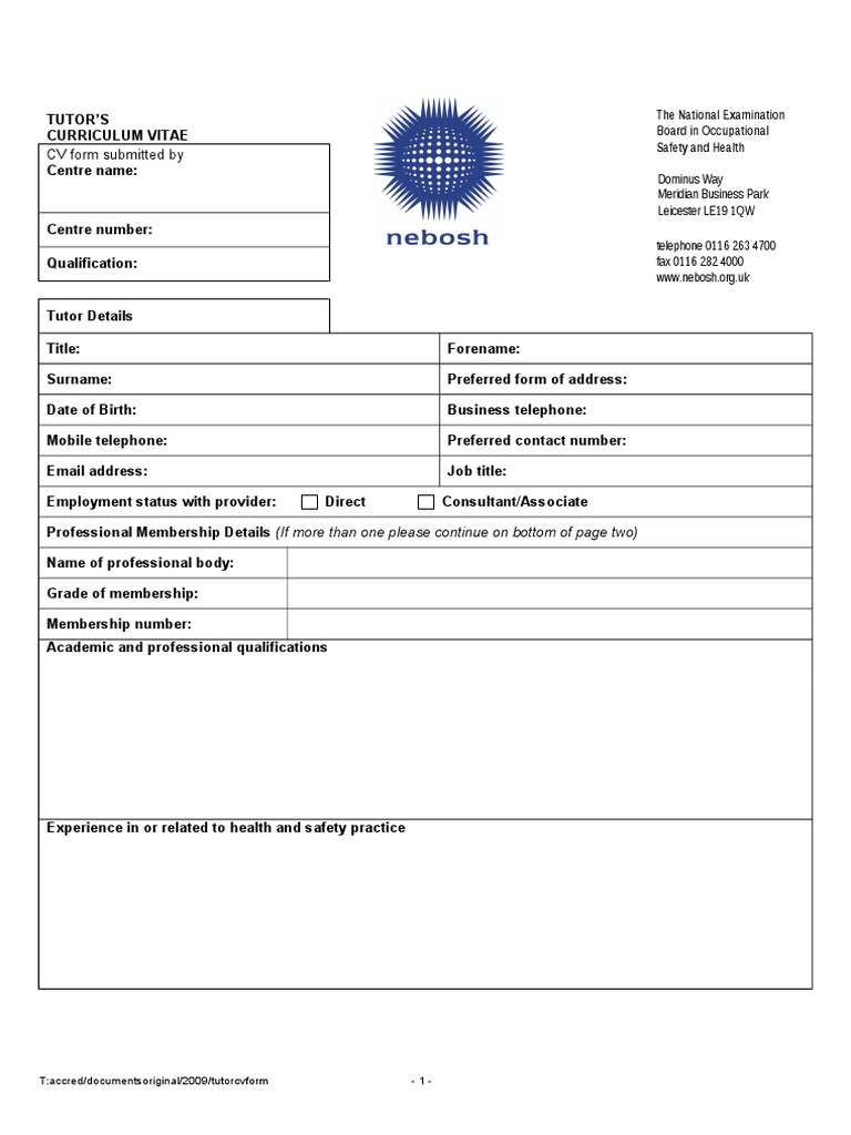 Nebosh Tutor CV Form