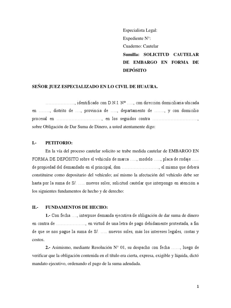 Solicitud de Embargo en Forma de Depósito - Modelo | PDF | Mandato |  Demanda judicial
