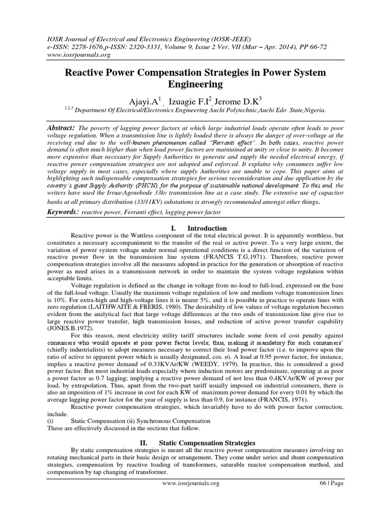 Reactive Power Compensation Strategies in Power System Engineering