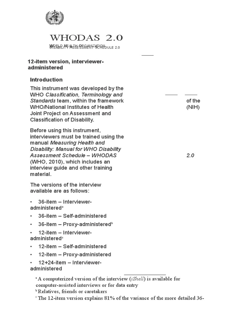 WHODAS 2.0: 12-Item Interview Guide | PDF | Science | Wellness