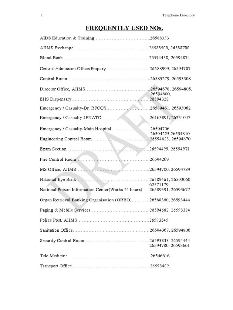 Aiims Telephone Directory & Hospital Guide Patient Medicine