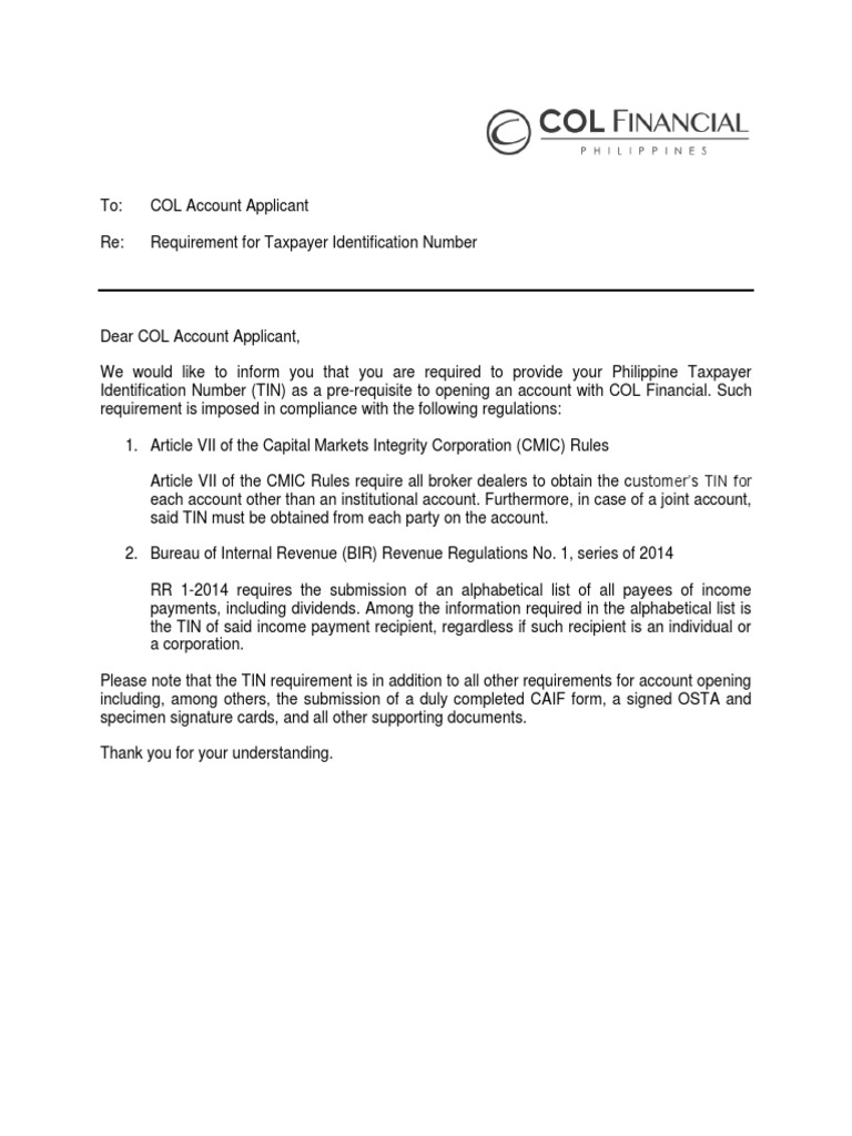 TIN Application Procedure Identity Document Capital Gains Tax