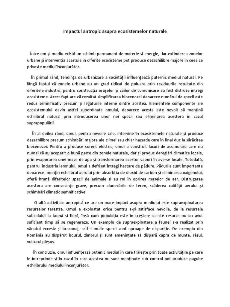 Impactul Antropic Asupra Ecosistemelor Naturale