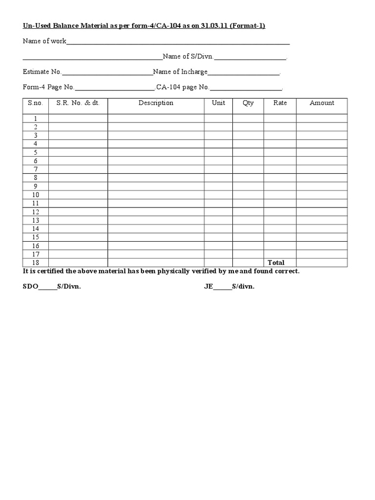 Un-Used Balance Material As Per form-4/CA-104 As On 31.03.11 (Format-1 ...