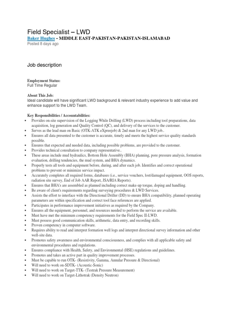 Field Specialist LWD PDF Competence (Human Resources) Petroleum