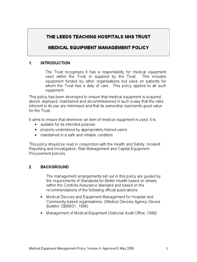 Medical Equipment Management Policy Download Free PDF Safety Medicine