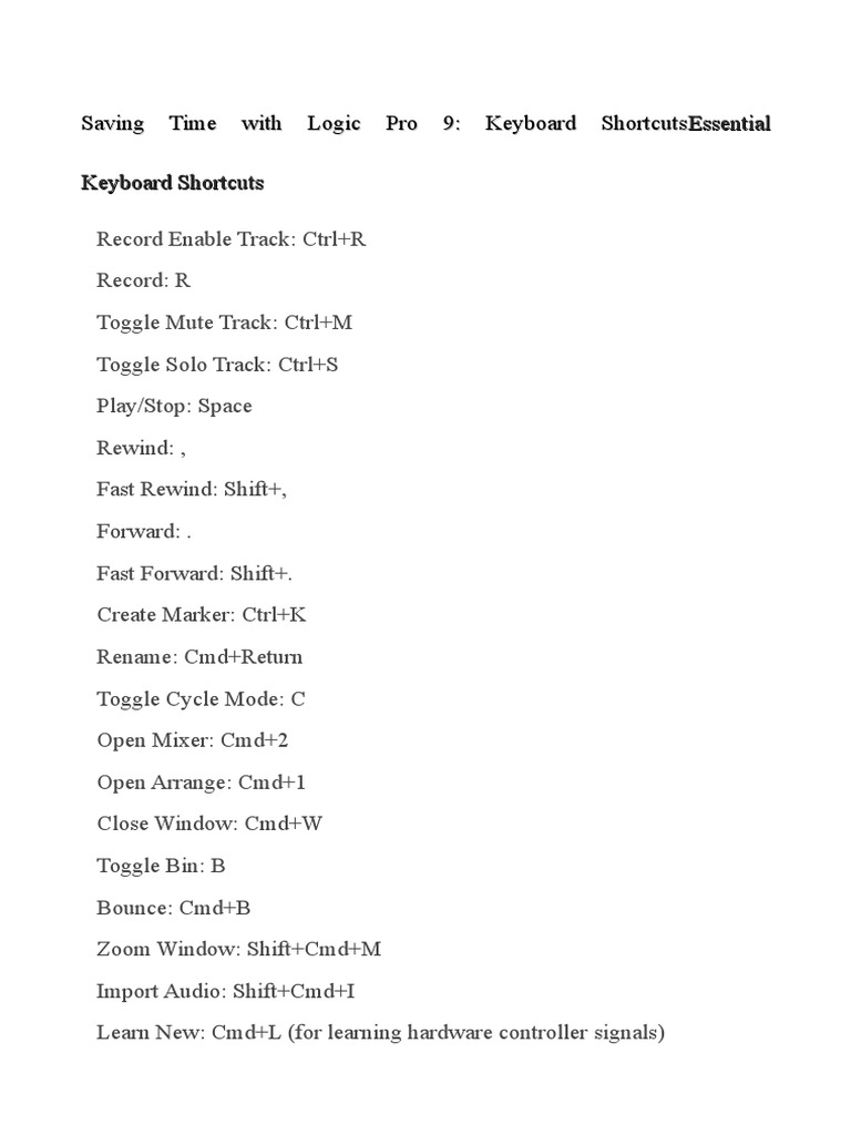 Logic Pro 9 Shortcuts PDF