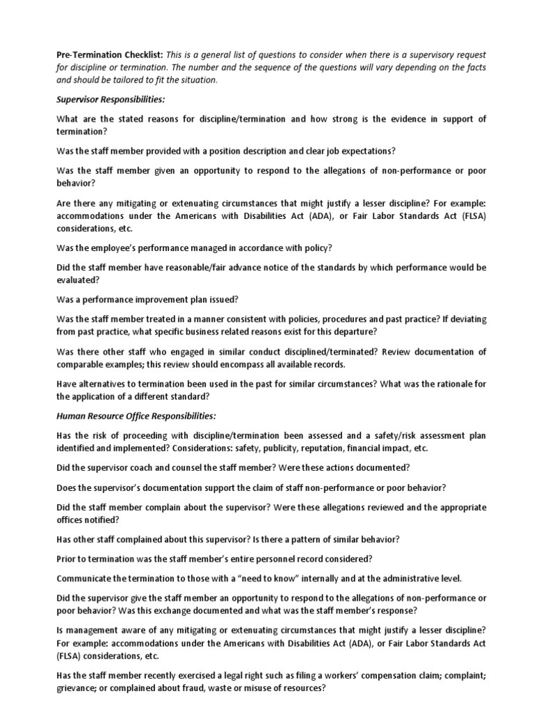 Pre Term Checklist Americans With Disabilities Act Of 1990 Supervisor