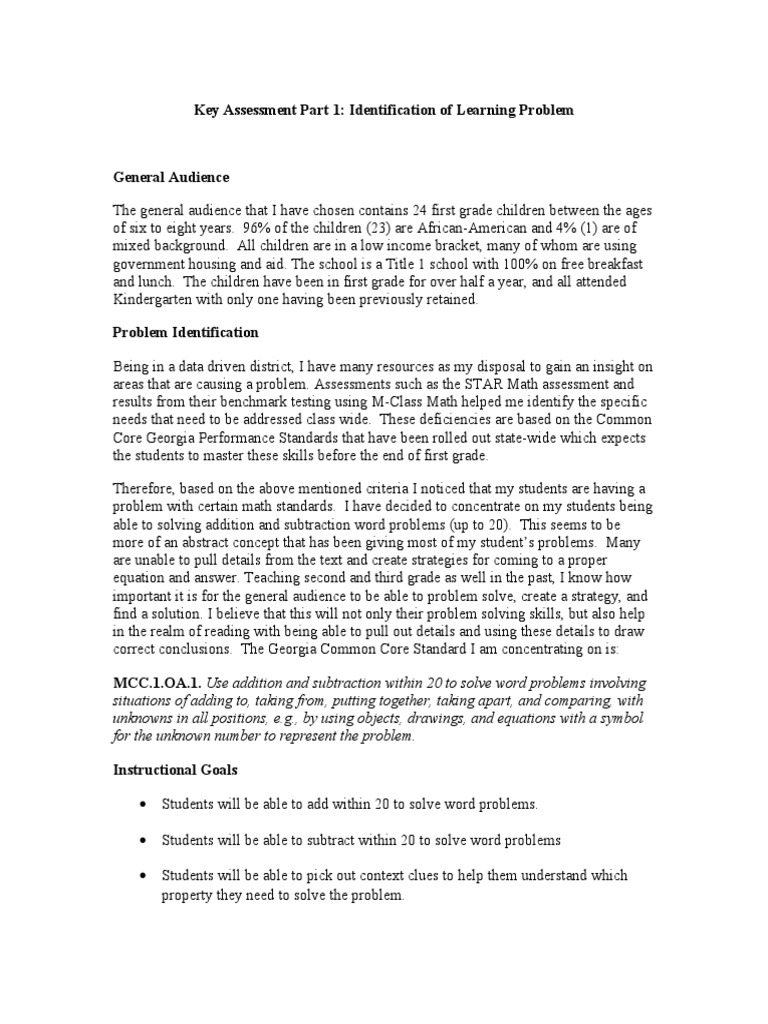 Key Assessment Part 1 Identification Of Learning Problem Pdf