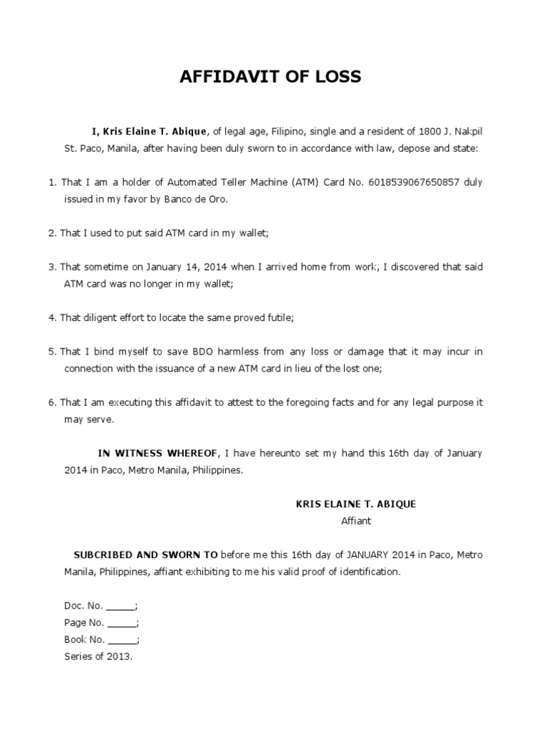 Affidavit Of Loss Template Word