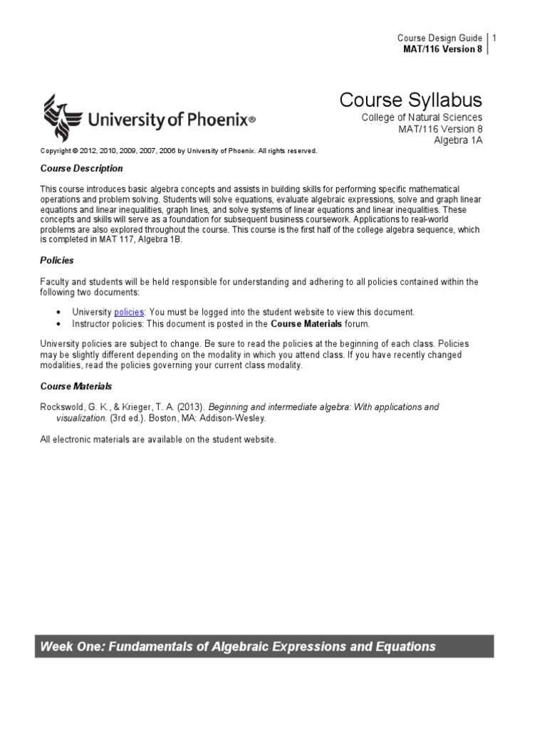 Mat 116 Course Syllabus Pdf Teaching Mathematics Equations