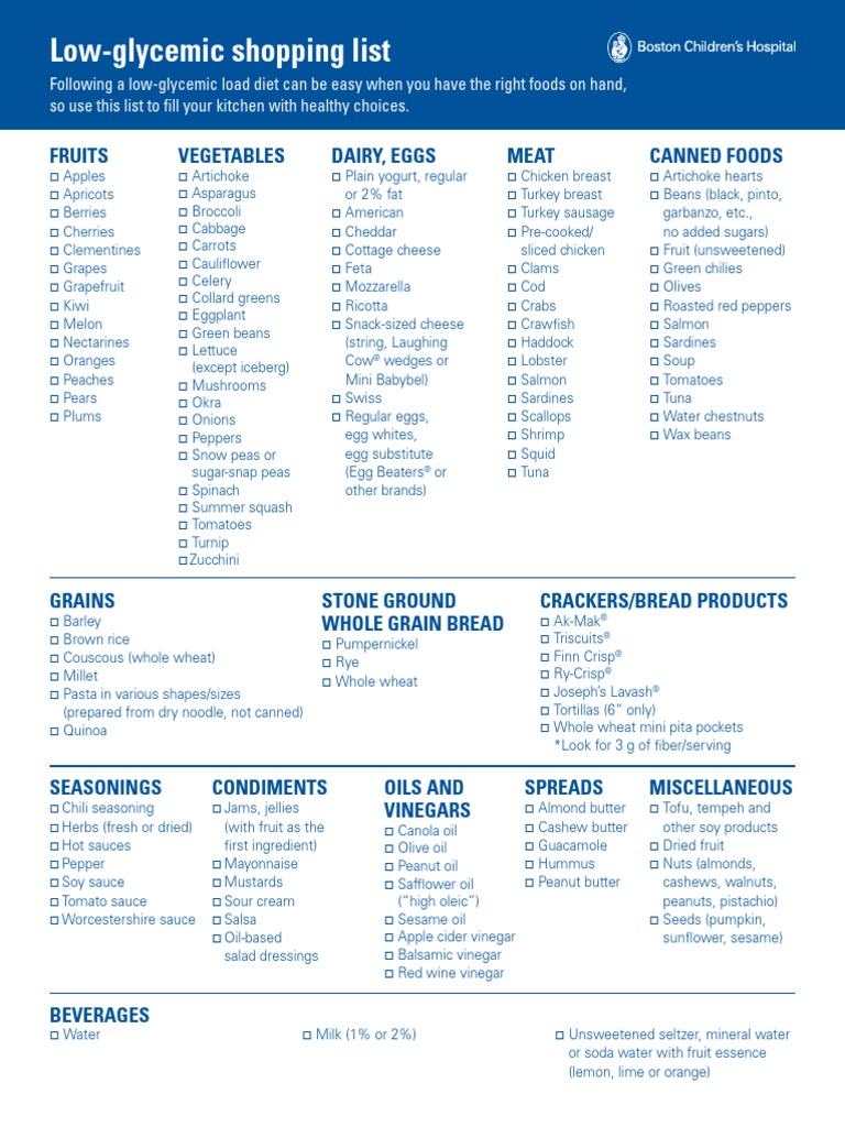 Low Glycemic Shopping List | PDF | Cooking, Food & Wine for Free Printable Chart Printable Low Glycemic Index Foods List Pdf