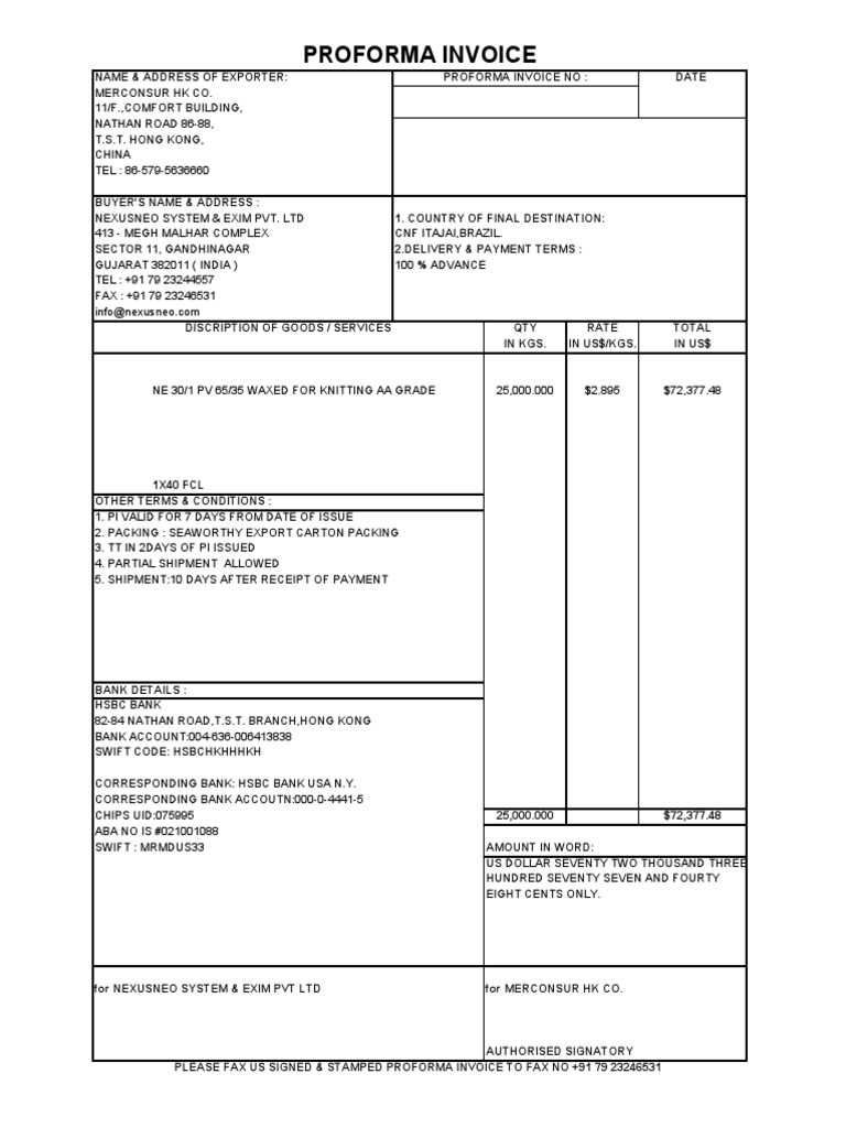 Proforma Invoice for NexusNeo Exports | PDF