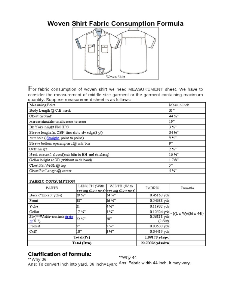 Fabric Consumption Formula PDF Seam (Sewing) Clothing