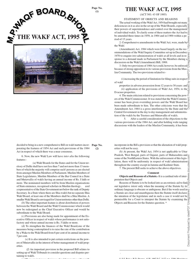 The Wakf Act 1955 PDF Government Of India Member Of Parliament